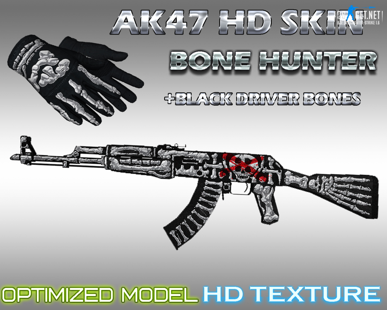 Модель HD Ak47 Bone hunter + Black driver bones gloves для CS 1.6