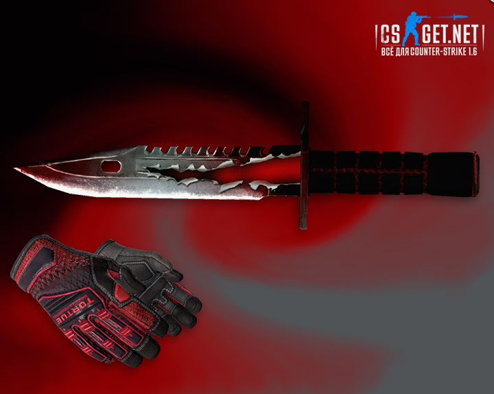 Штык-нож М9 «Трещина» + «Перчатки спецназа | Кровавое кимоно» для CS 1.6
